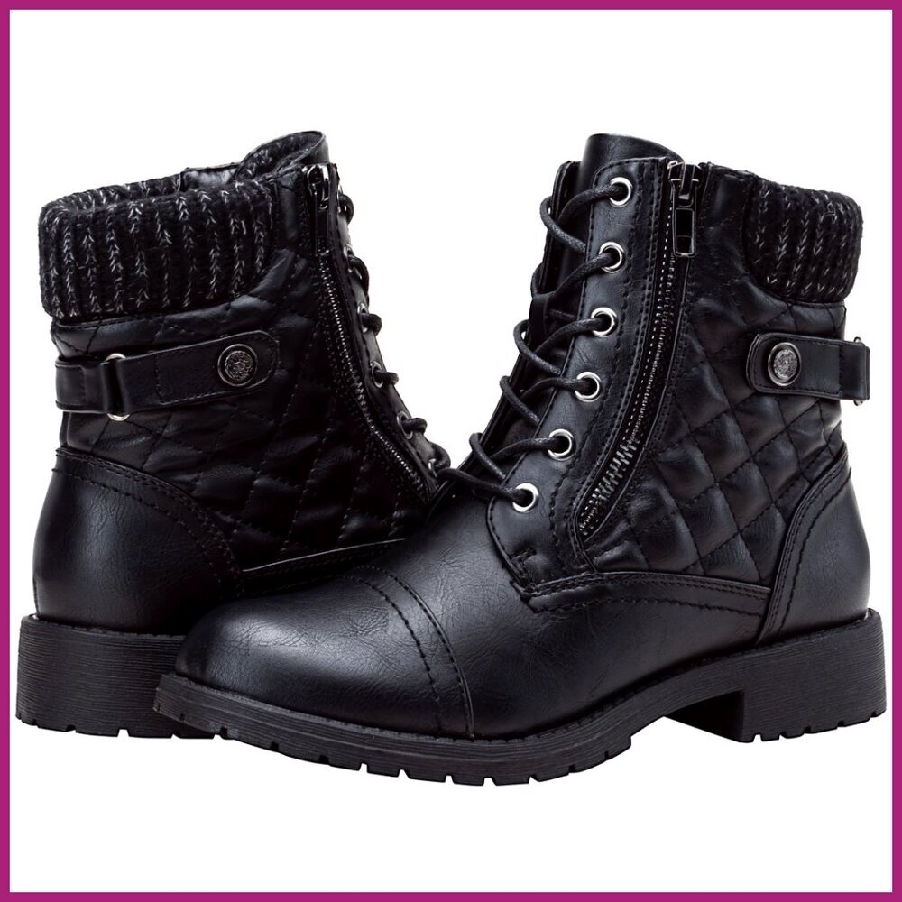Faux Leather Combat Ankle Boots Lace Up Water Resistant Low Heel